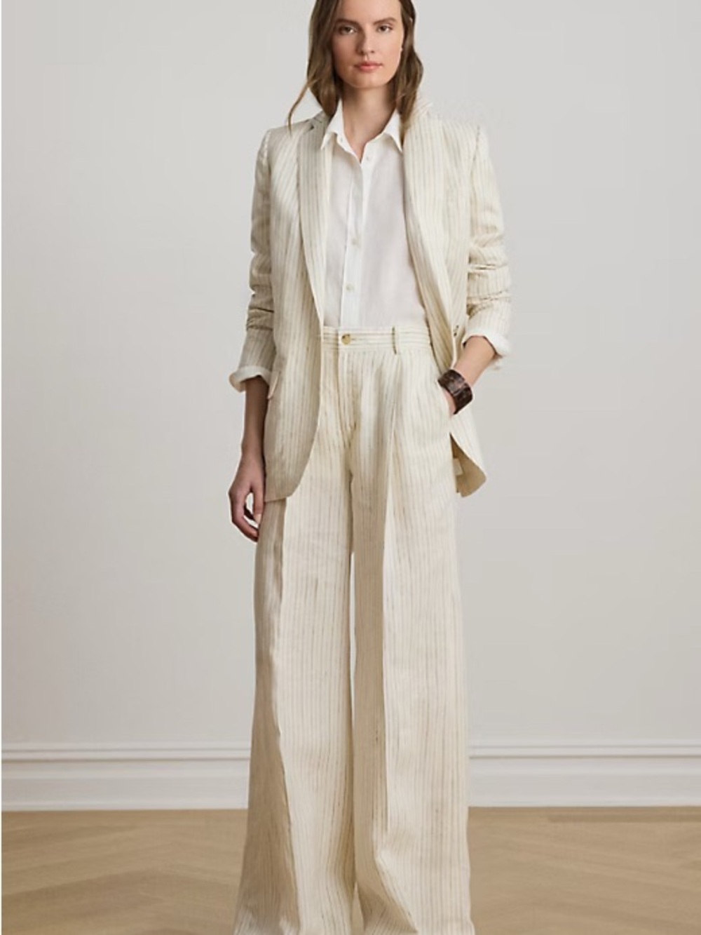 Lauren Ralph Lauren Cream Pinstripe Linen Blazer and Wide-Leg Trousers
